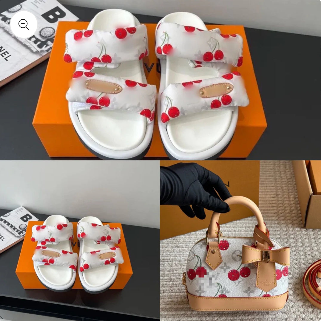 White cherry sliders & bag