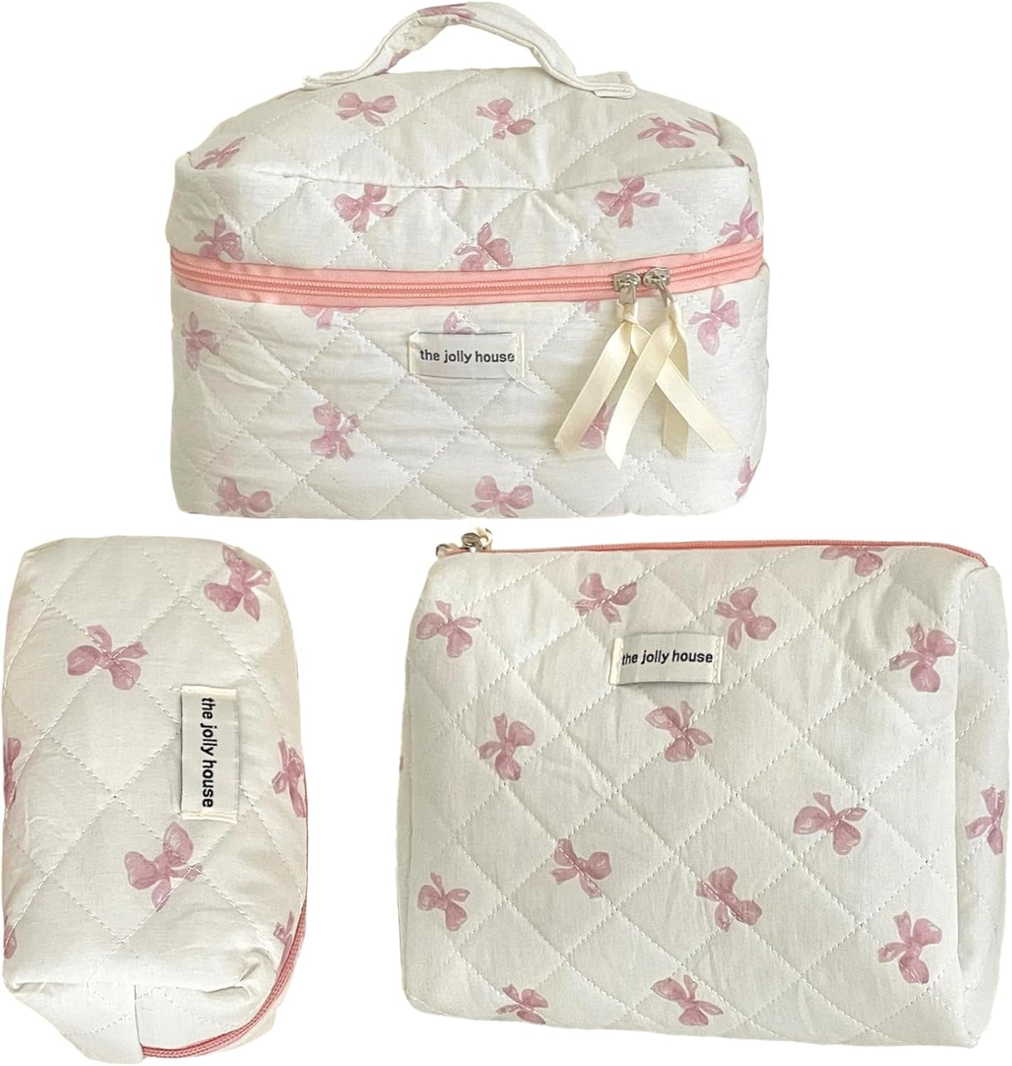 Bow Makeup Bag, 3PCS Large Capacity Quilted Makeup Bag, Portable Cute Makeup Bag, Zipper Cute Cosmetic Bag for Women Girls Travel