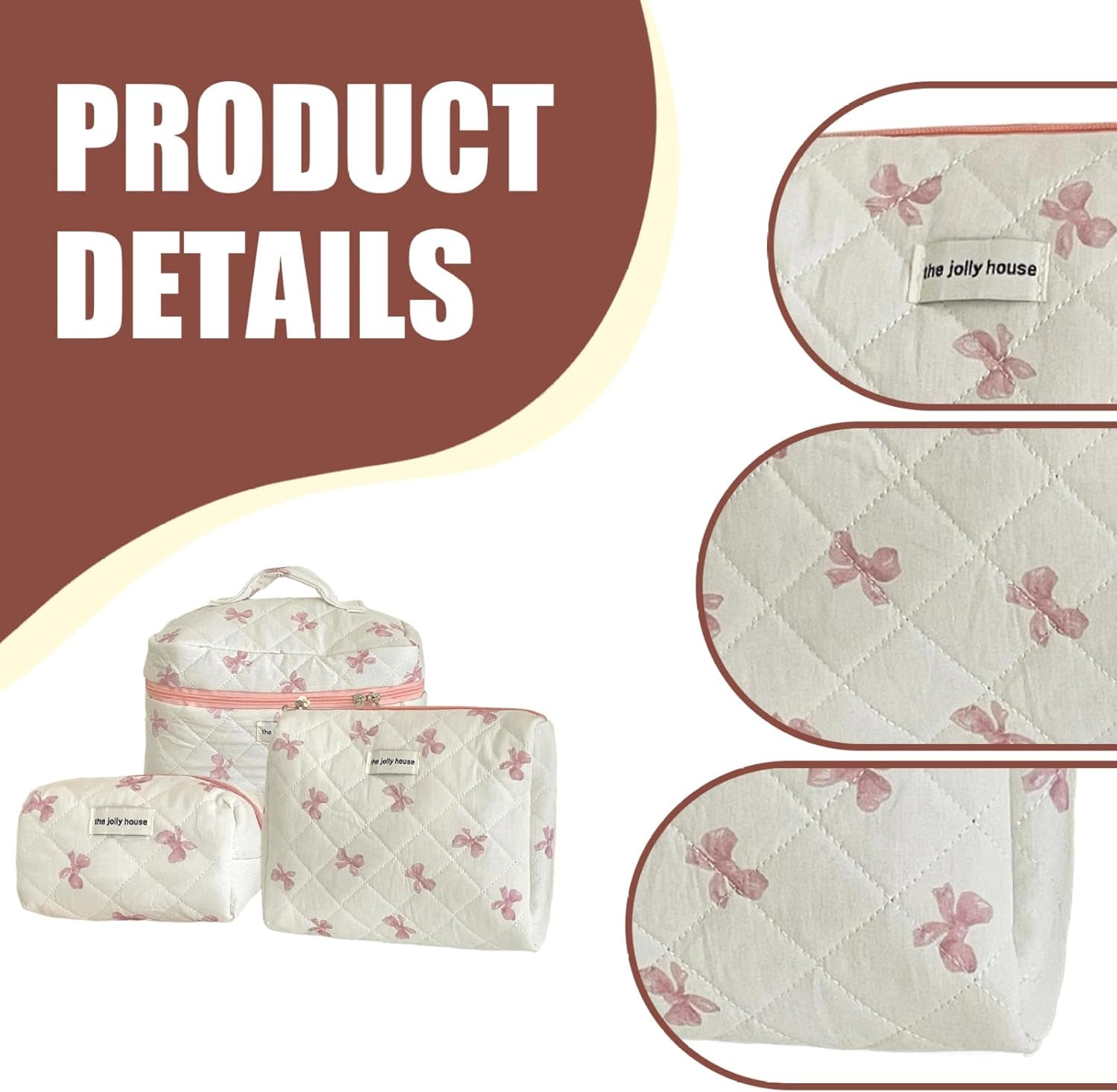 Bow Makeup Bag, 3PCS Large Capacity Quilted Makeup Bag, Portable Cute Makeup Bag, Zipper Cute Cosmetic Bag for Women Girls Travel