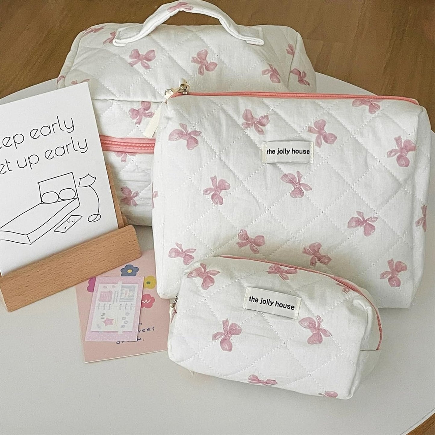 Bow Makeup Bag, 3PCS Large Capacity Quilted Makeup Bag, Portable Cute Makeup Bag, Zipper Cute Cosmetic Bag for Women Girls Travel