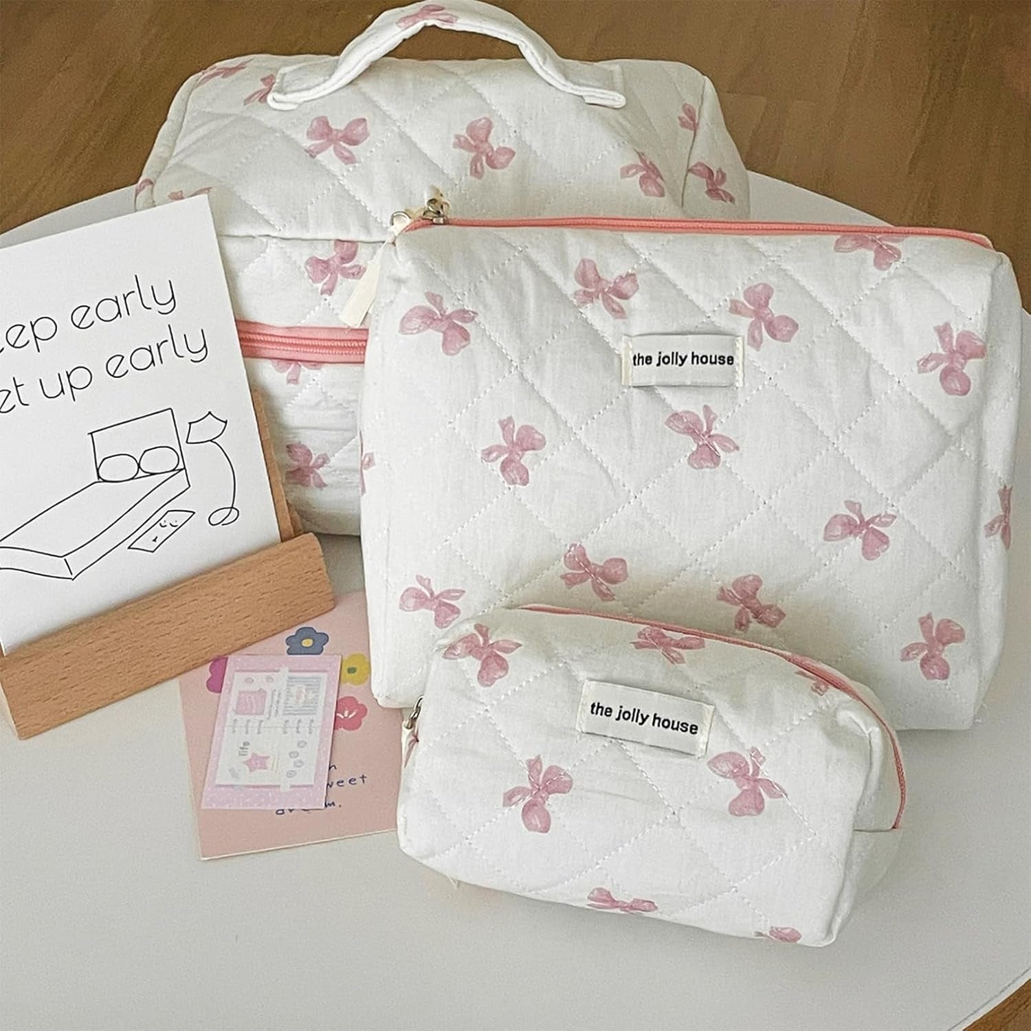 Bow Makeup Bag, 3PCS Large Capacity Quilted Makeup Bag, Portable Cute Makeup Bag, Zipper Cute Cosmetic Bag for Women Girls Travel
