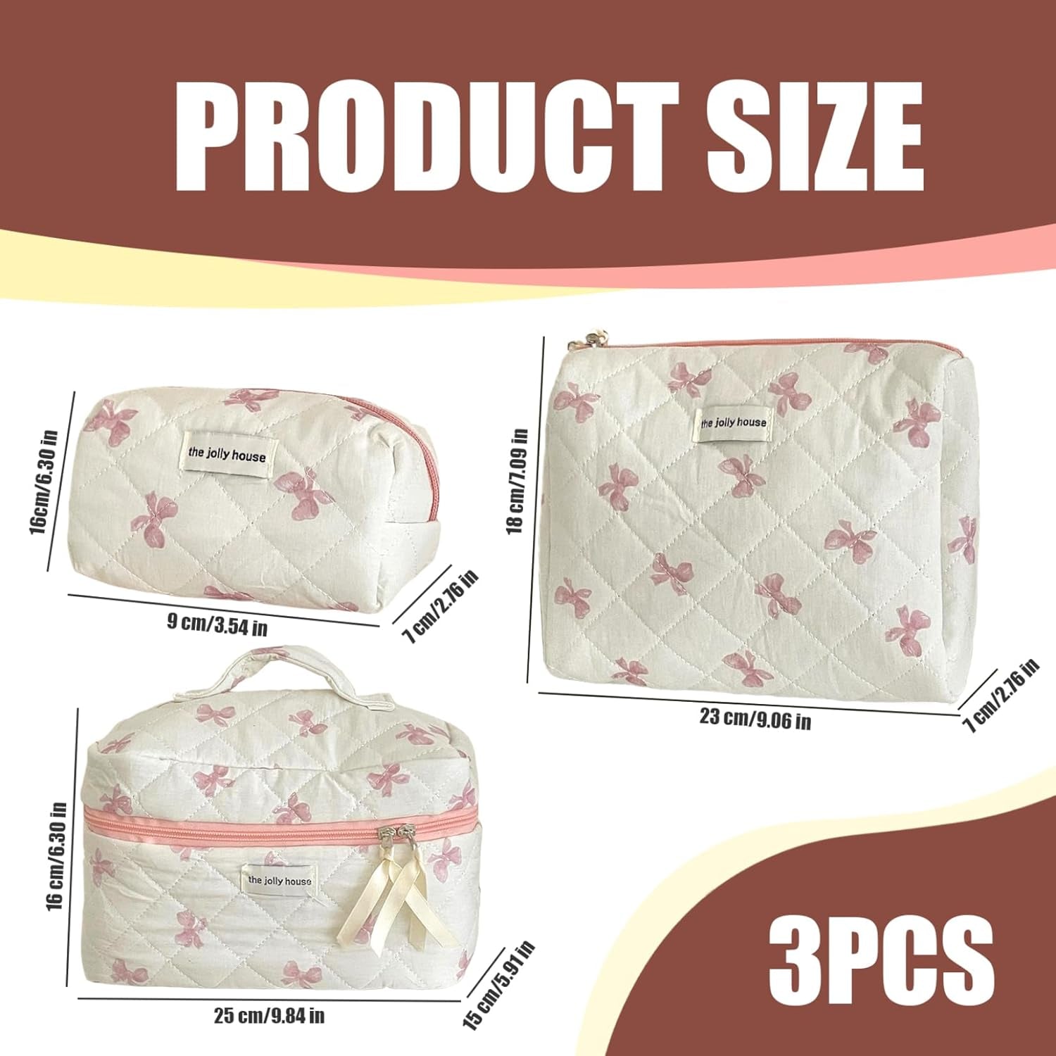 Bow Makeup Bag, 3PCS Large Capacity Quilted Makeup Bag, Portable Cute Makeup Bag, Zipper Cute Cosmetic Bag for Women Girls Travel