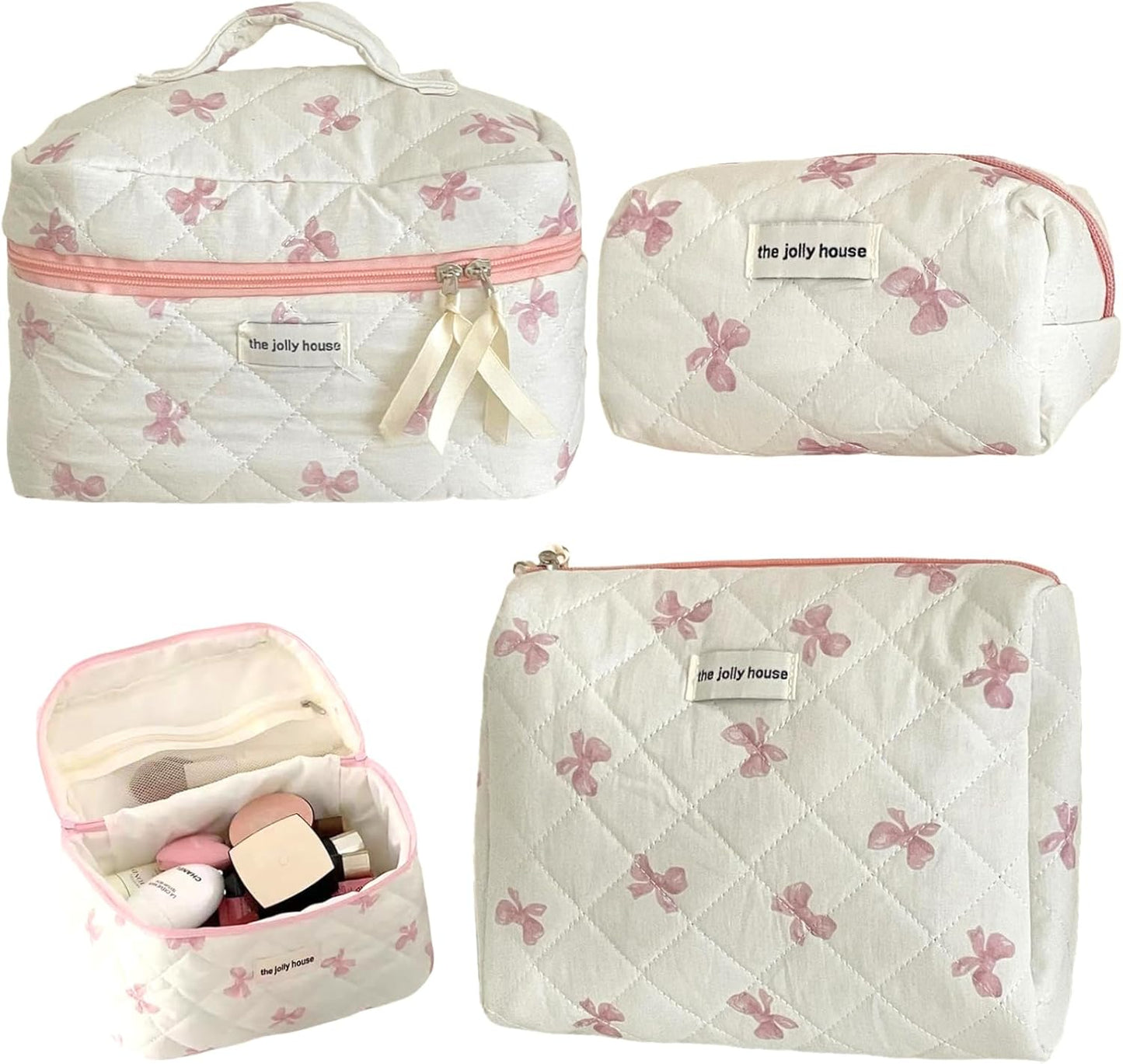 Bow Makeup Bag, 3PCS Large Capacity Quilted Makeup Bag, Portable Cute Makeup Bag, Zipper Cute Cosmetic Bag for Women Girls Travel