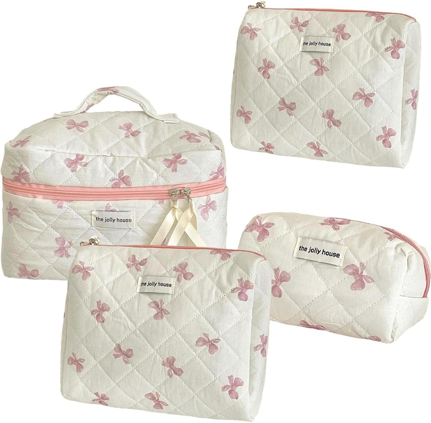 Bow Makeup Bag, 3PCS Large Capacity Quilted Makeup Bag, Portable Cute Makeup Bag, Zipper Cute Cosmetic Bag for Women Girls Travel