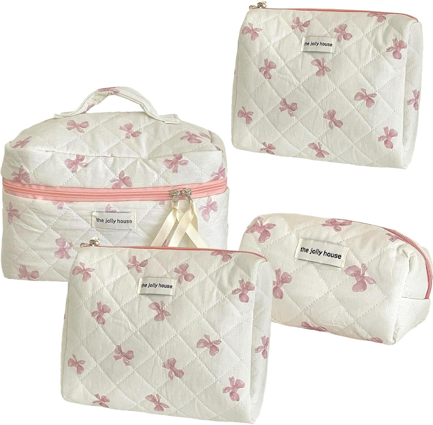 Bow Makeup Bag, 3PCS Large Capacity Quilted Makeup Bag, Portable Cute Makeup Bag, Zipper Cute Cosmetic Bag for Women Girls Travel